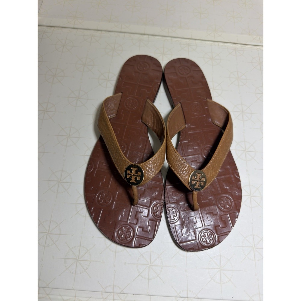 Tory Burch Thora Thong Sandal Flip Flops Brown Leather With Gold Logo Size 8